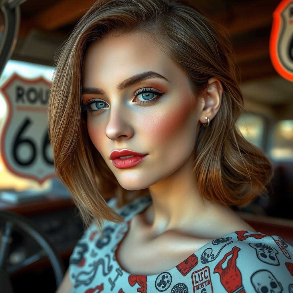 Glamorous Woman Drives Route 66 in Photorealistic Digital Ar...
