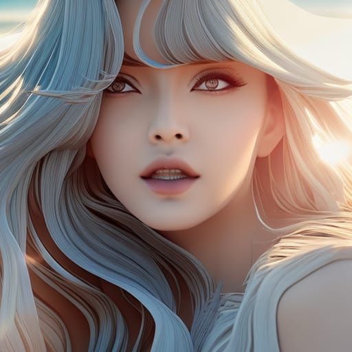 Beautiful Siren Dancing on Palm Beach in Manhwa Style