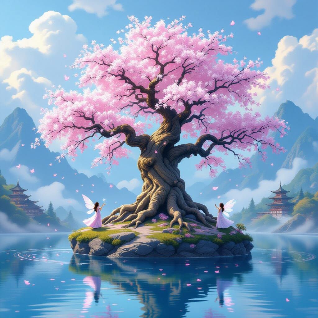 Floating Sakura Tree with Fairies in Fantasy Style