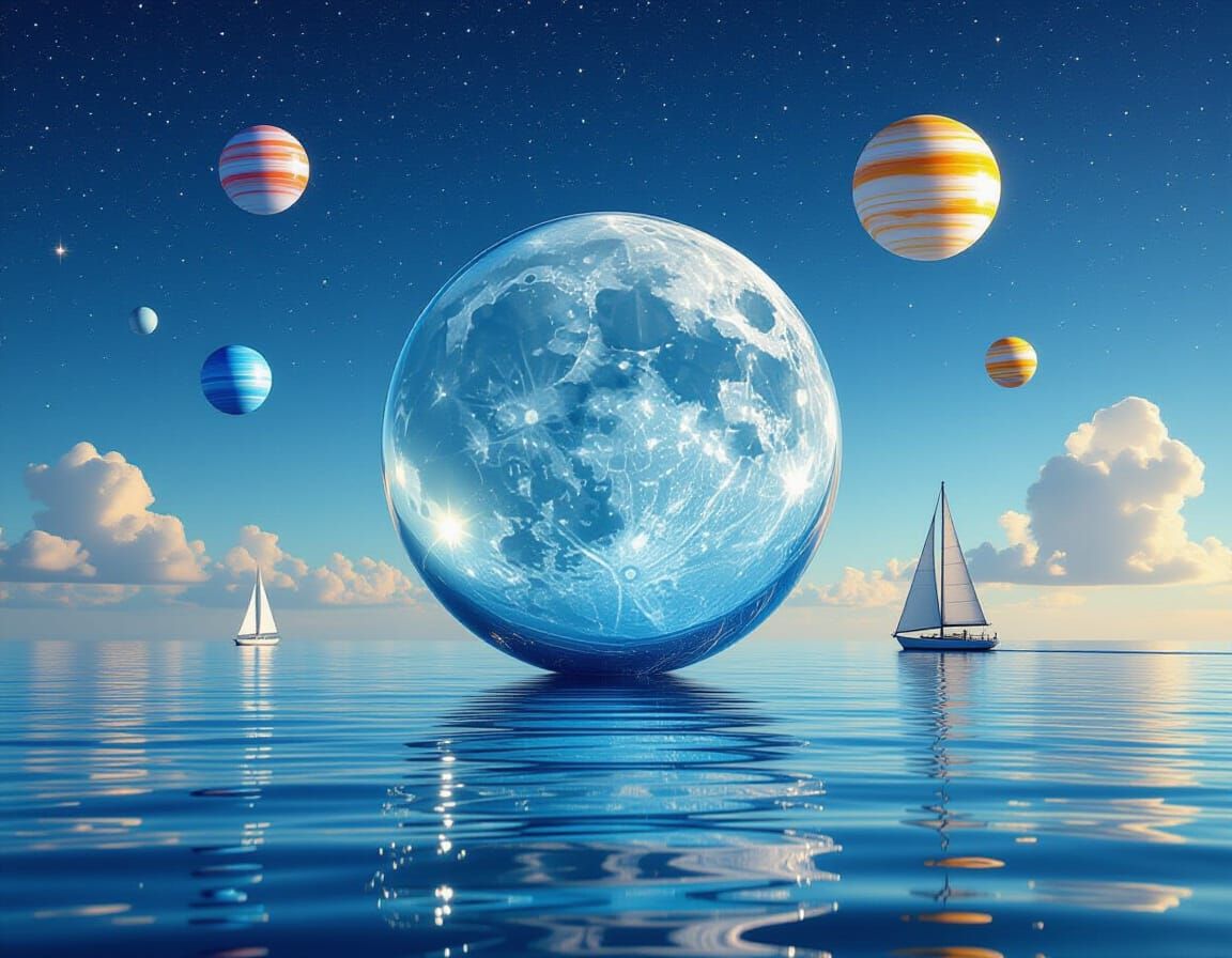 Glass Moon Sailing Over Calm Sea, Surreal Dreamscape