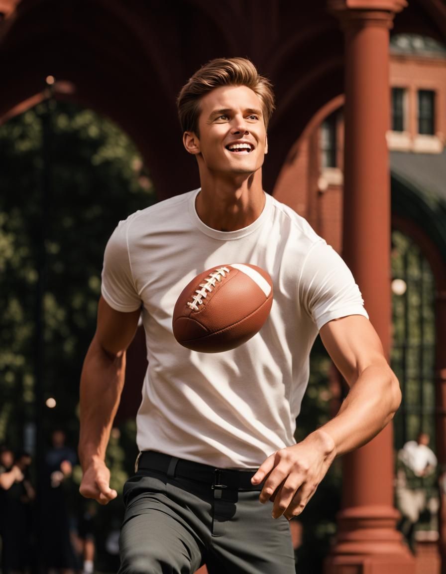 College Students Toss Football on Campus Green