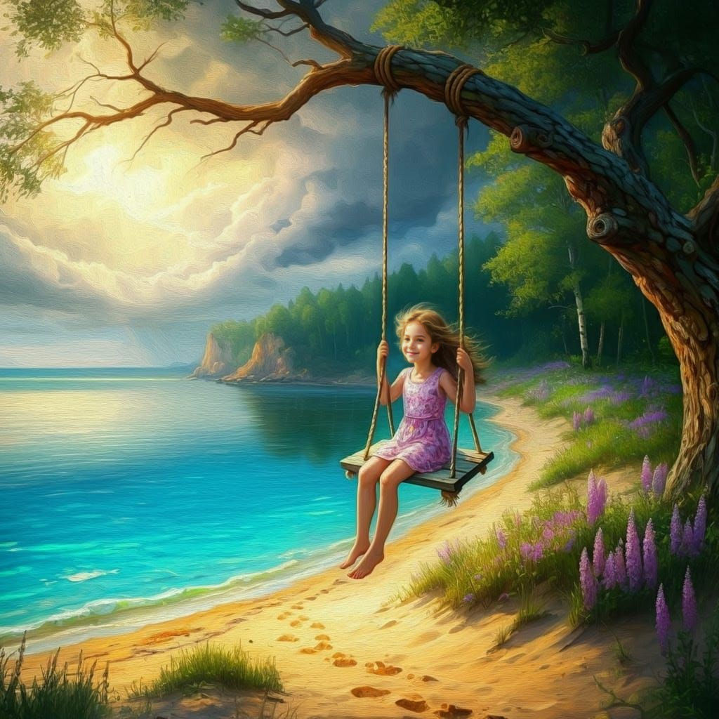 Turquoise Beach Swing Amidst Wildflowers