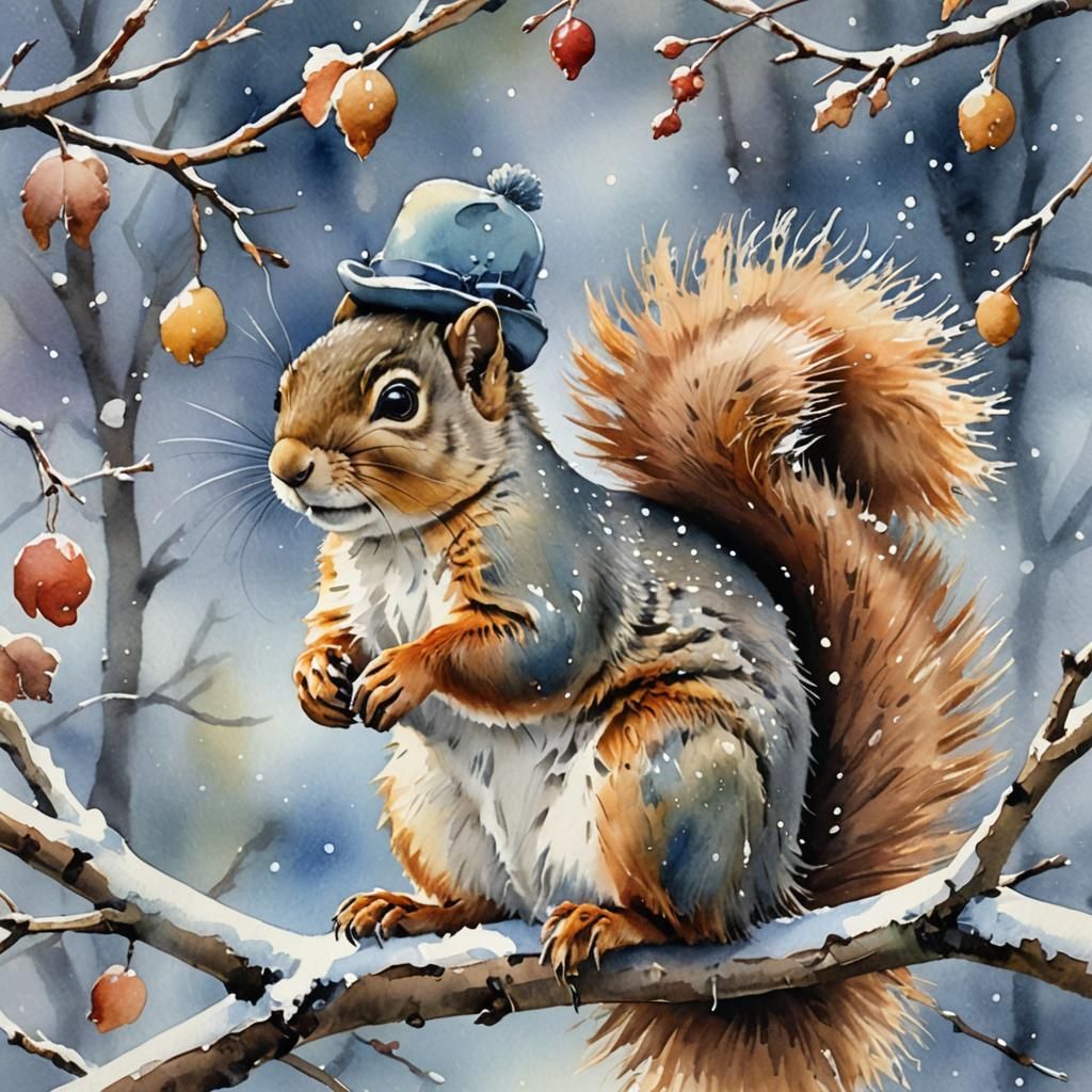 Squirrel with hat, in snow