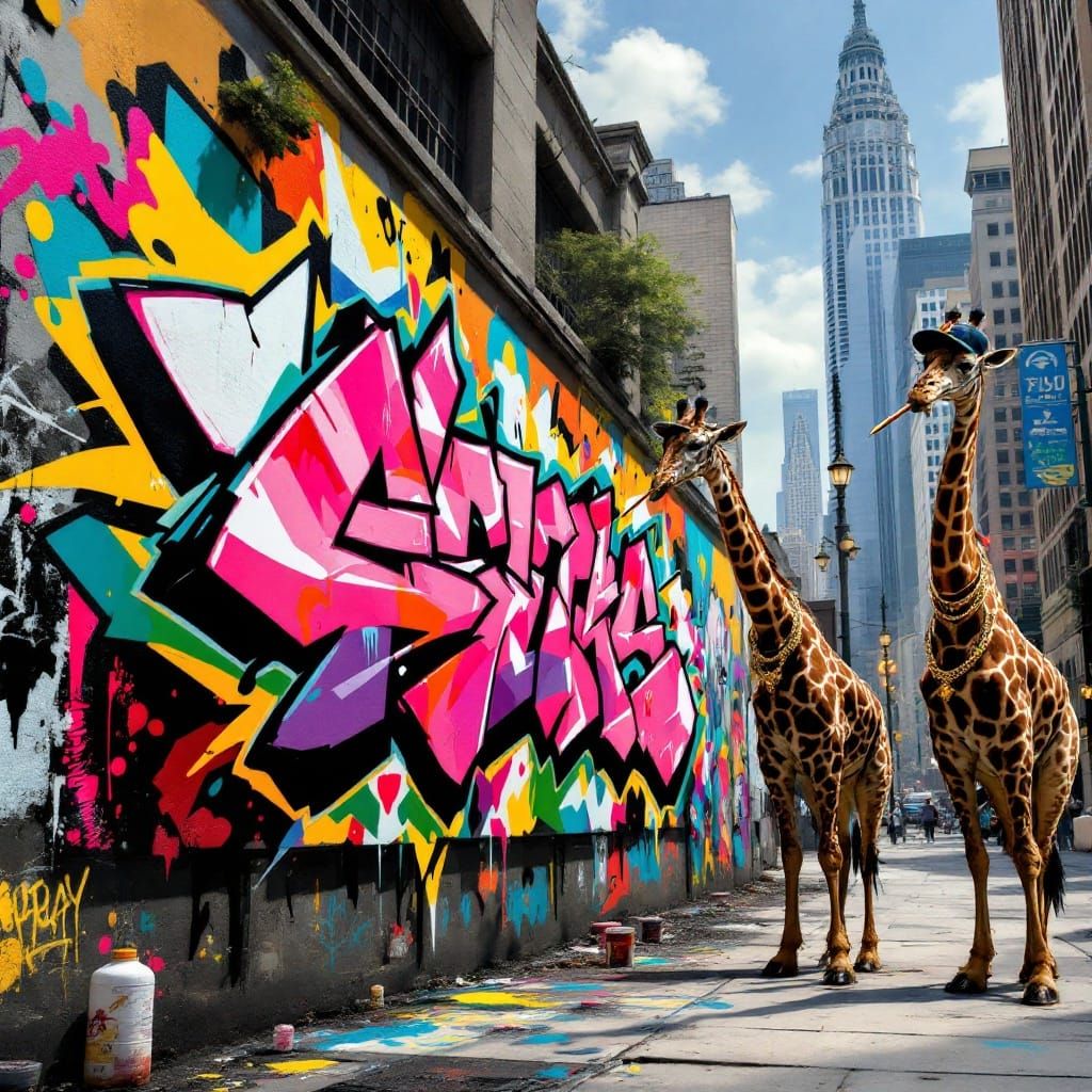 Gangsta Giraffes Tag Urban Graffiti Mural in Cyberpunk Stree...