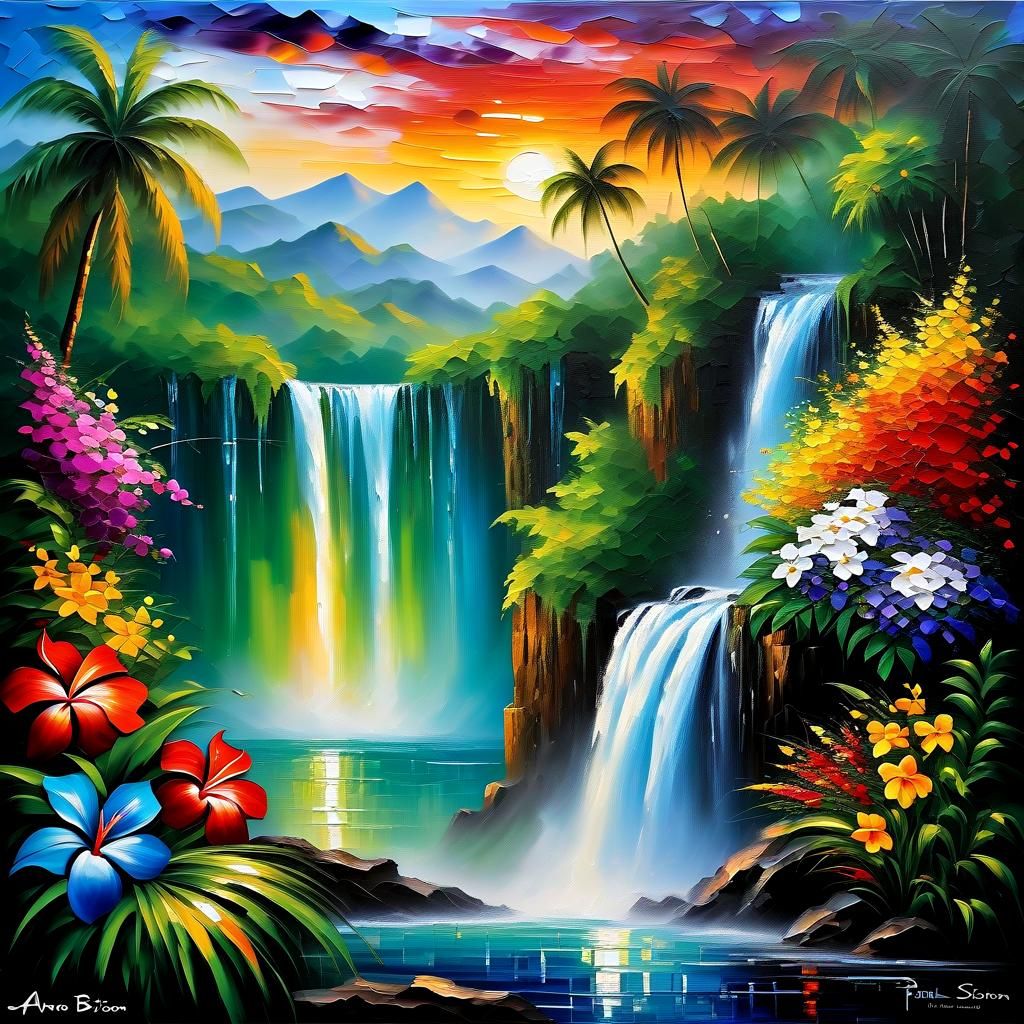 Tropical Waterfall Impasto Painting at Sunset