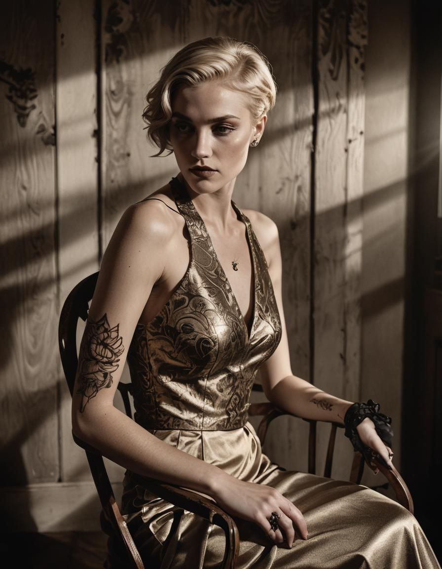 Elegant Woman in Golden Gown: Film Noir Photography