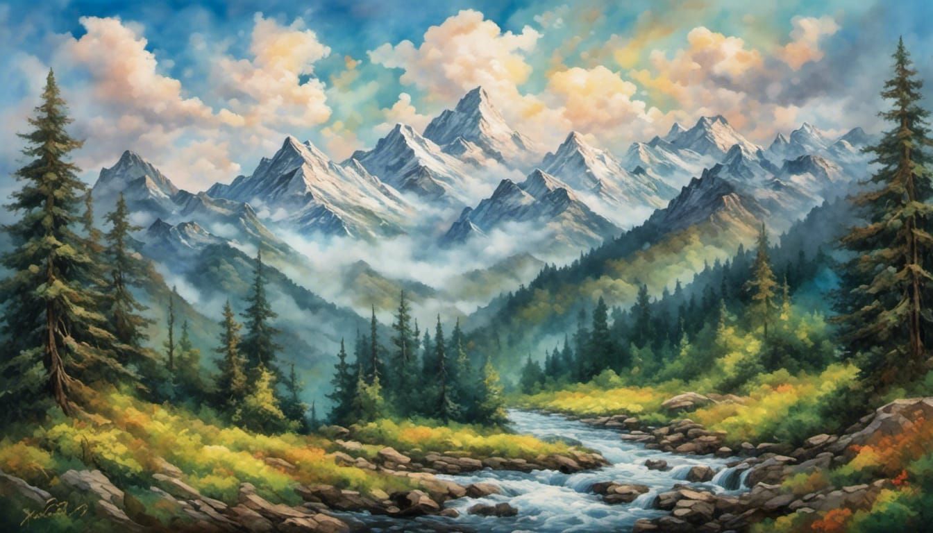 Monochromatic Mountain Scenery in Whimsical Oil Painting Sty...