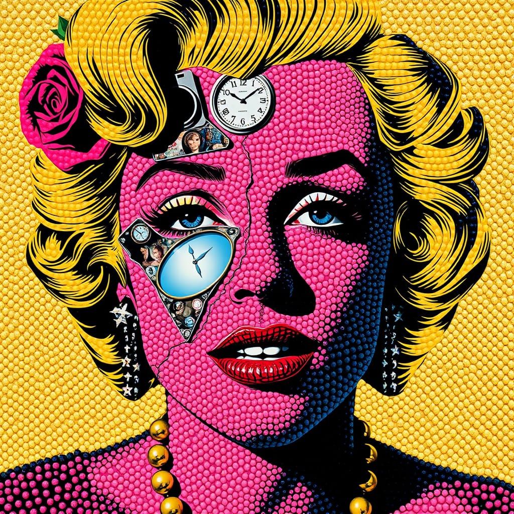 Surreal Pop Art Portrait with Roses and Clocks
