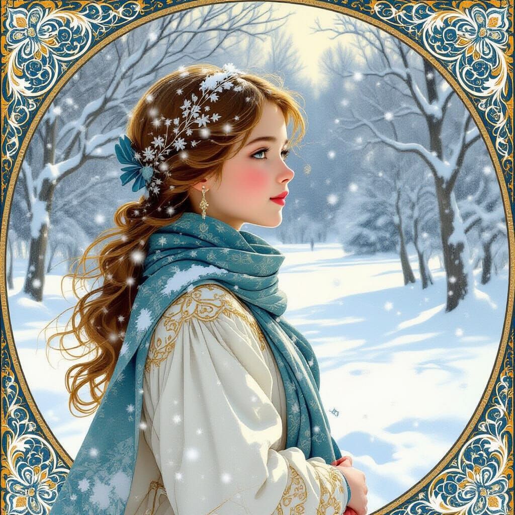 Jugendstil Girl in Snowy Winter Landscape