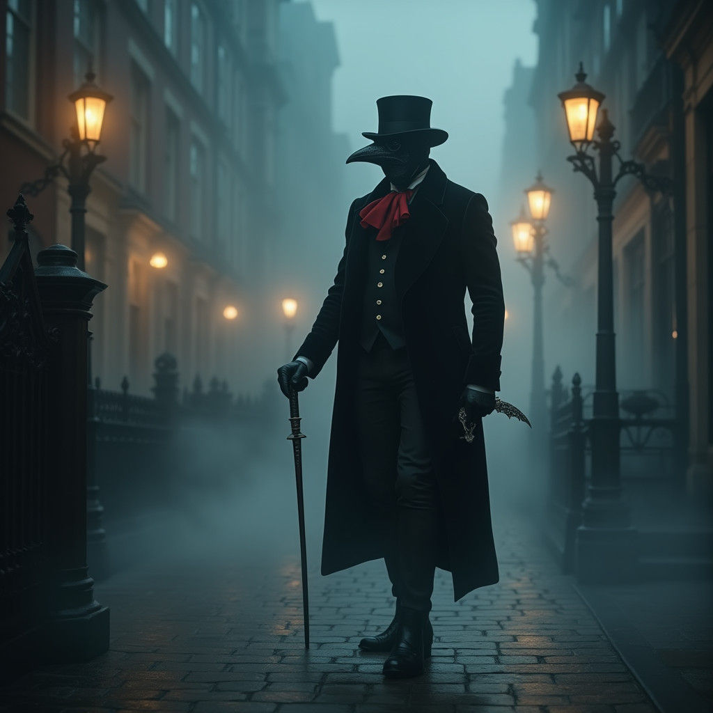 Victorian Gentleman in Fog, Dark Matte Painting Style