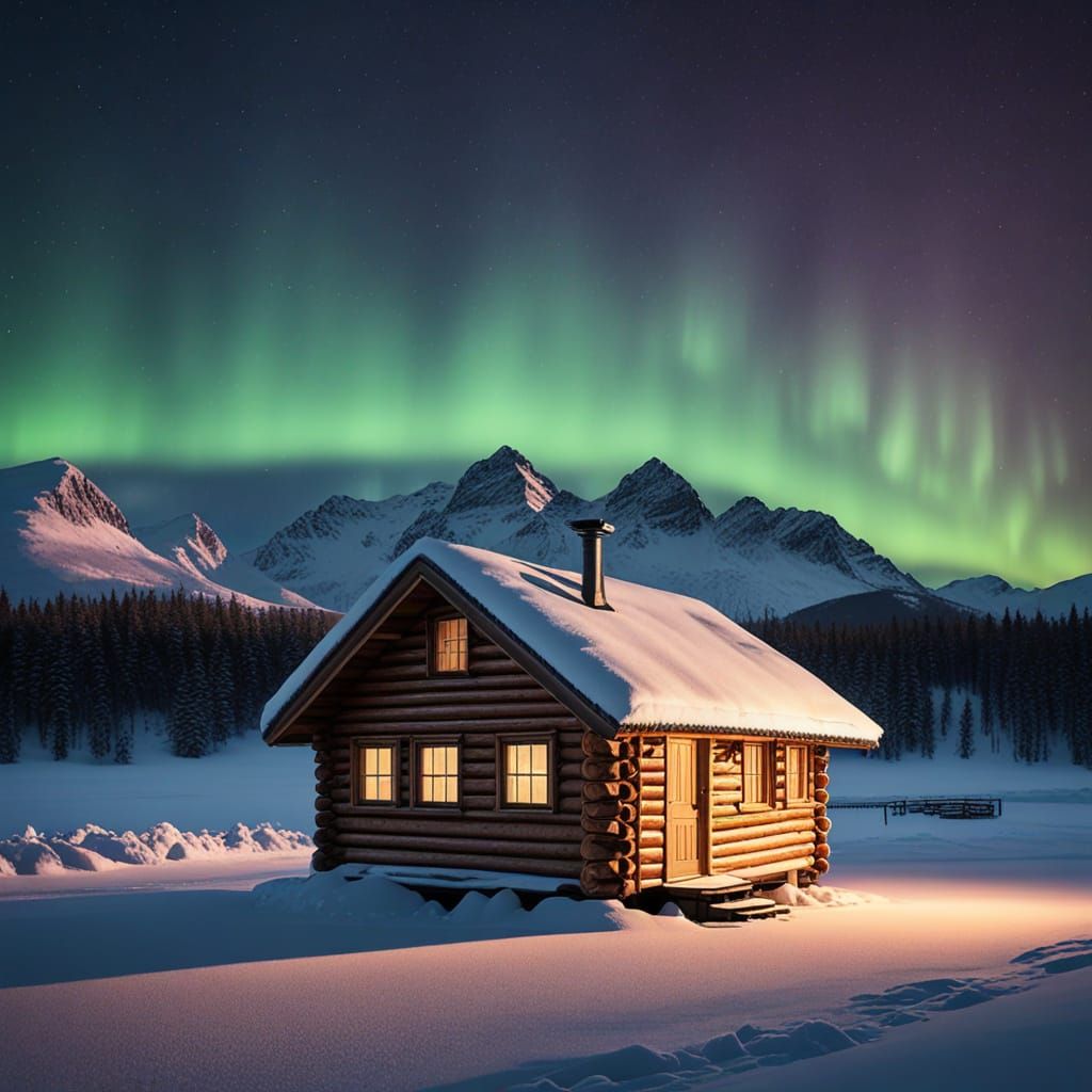 Snowy Cabin Under Aurora Borealis Sky