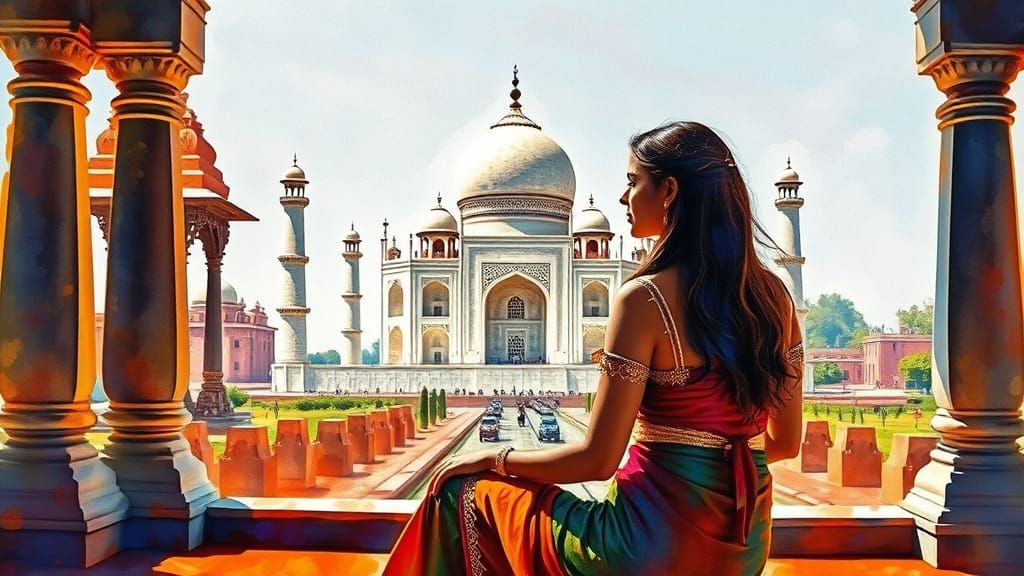 Ethereal Woman Adorned in a Shimmering Taj Mahal Temple