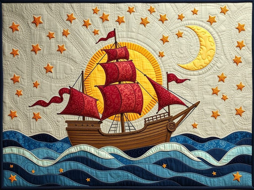 Stunning Fabric Patchwork Art of Celestial Ship