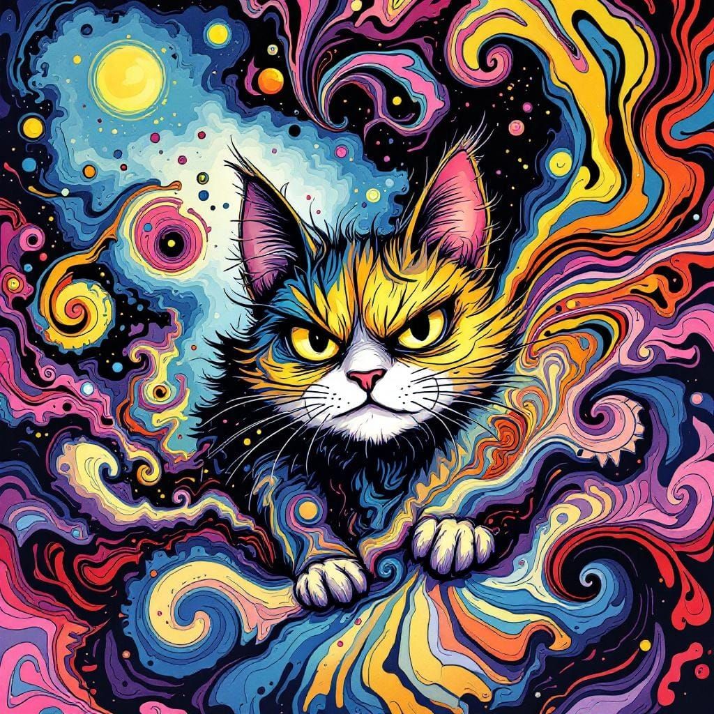 Angry Cat Fractal Optical Illusion in Dr. Seuss Style