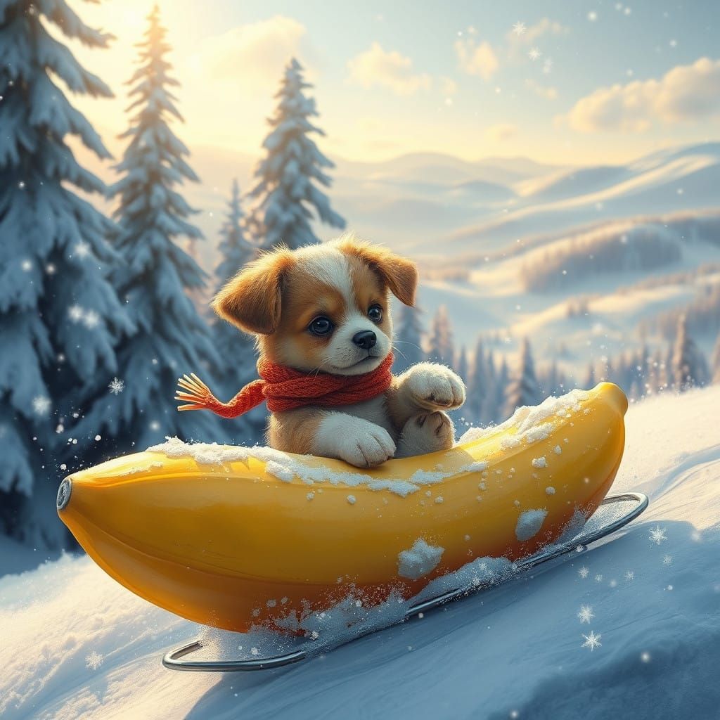 Whimsical Winter Wonderland Featuring a Puppy on a Vibrant Y...