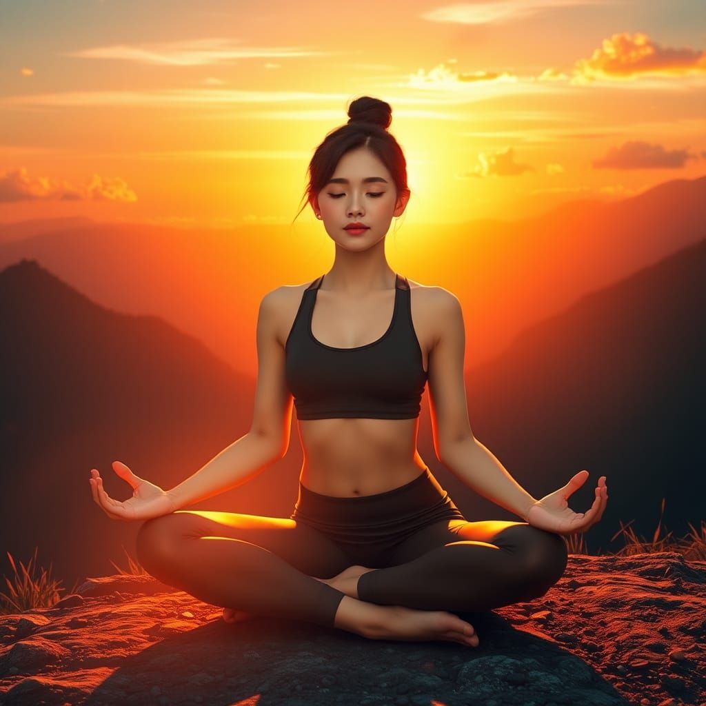 Meditative Woman at Sunset: Hyper-Realistic Digital Art