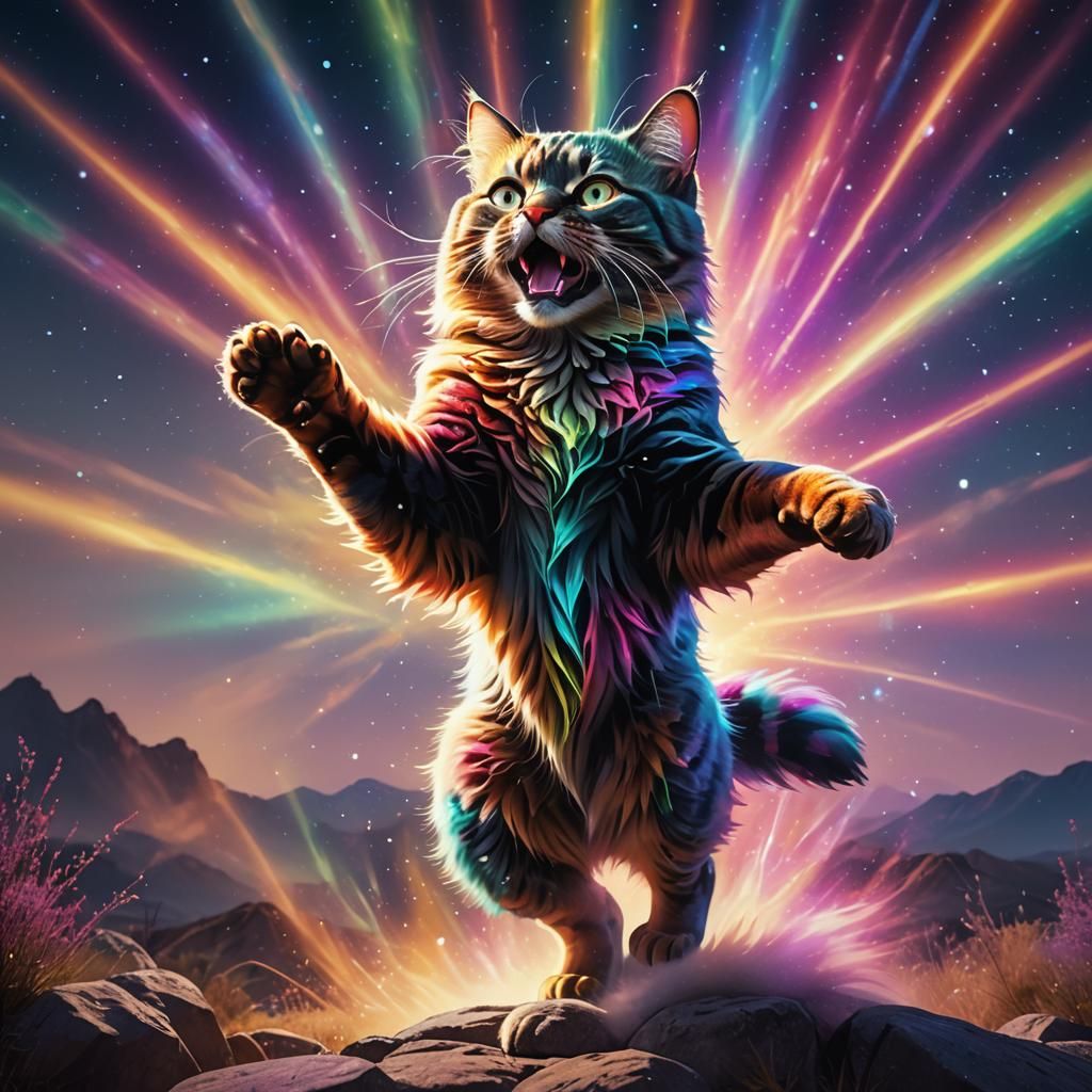 Radiant Cosmic Cat Made of Light Beams