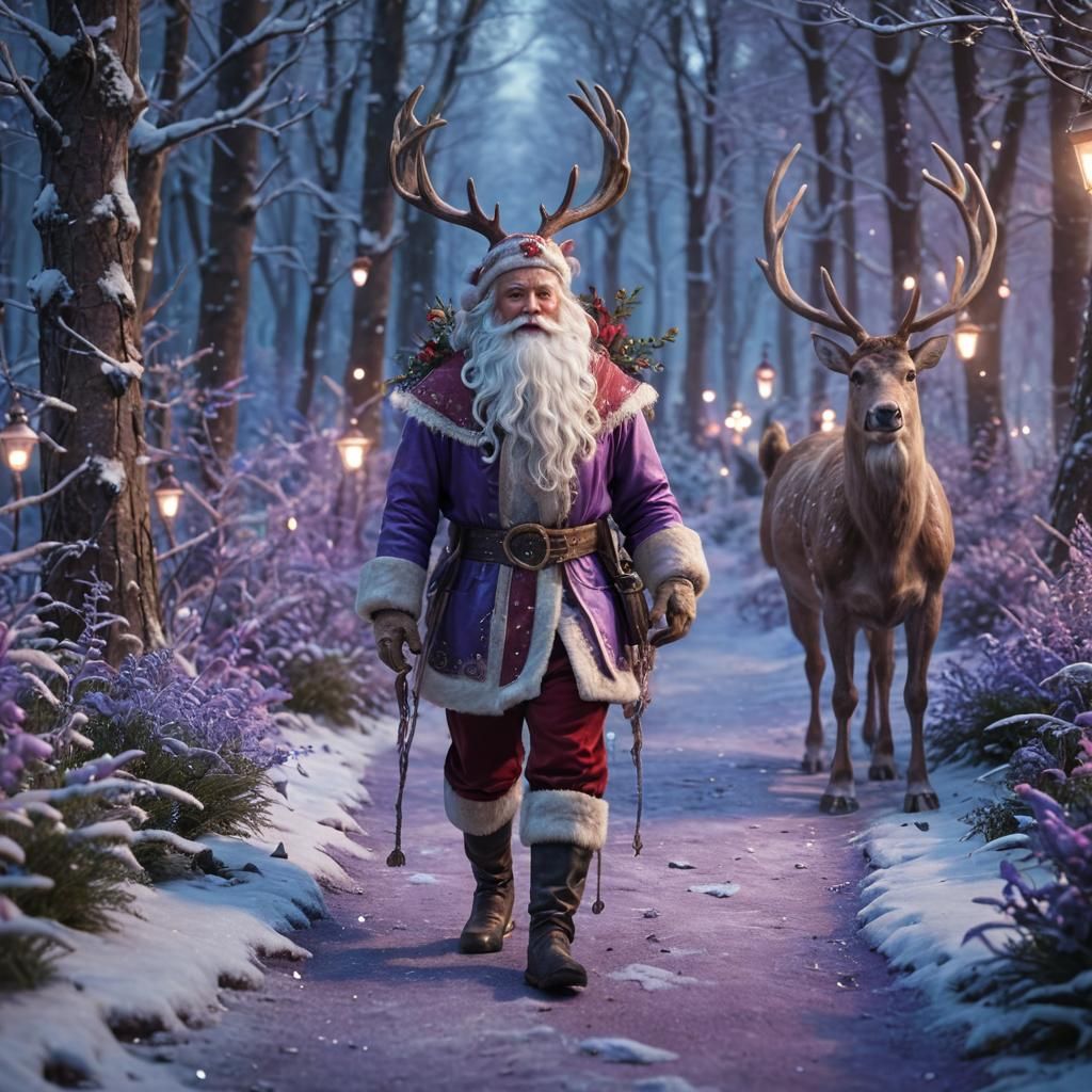 Santa and Reindeer in a Sparkling Winter Forest