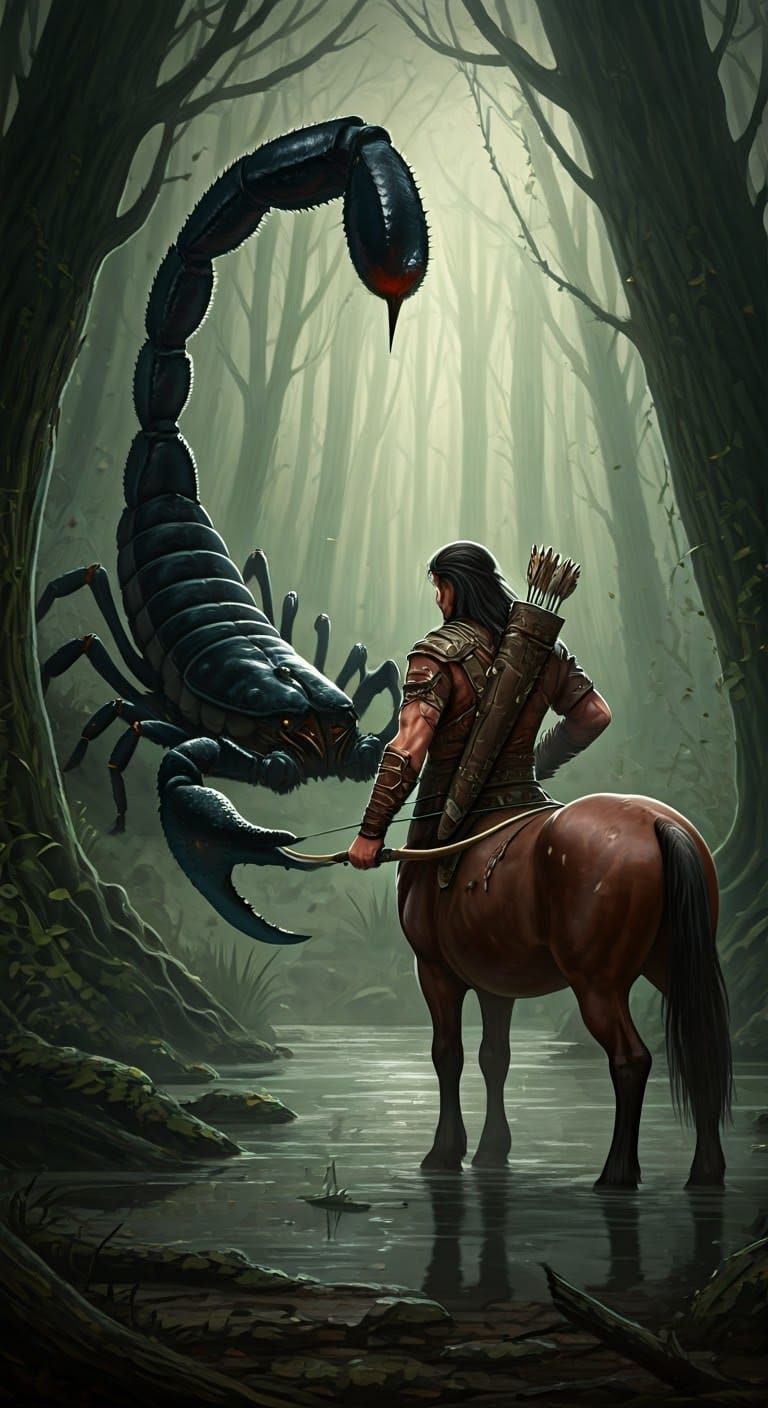 Centaur Archer Defends Against Giant Scorpion