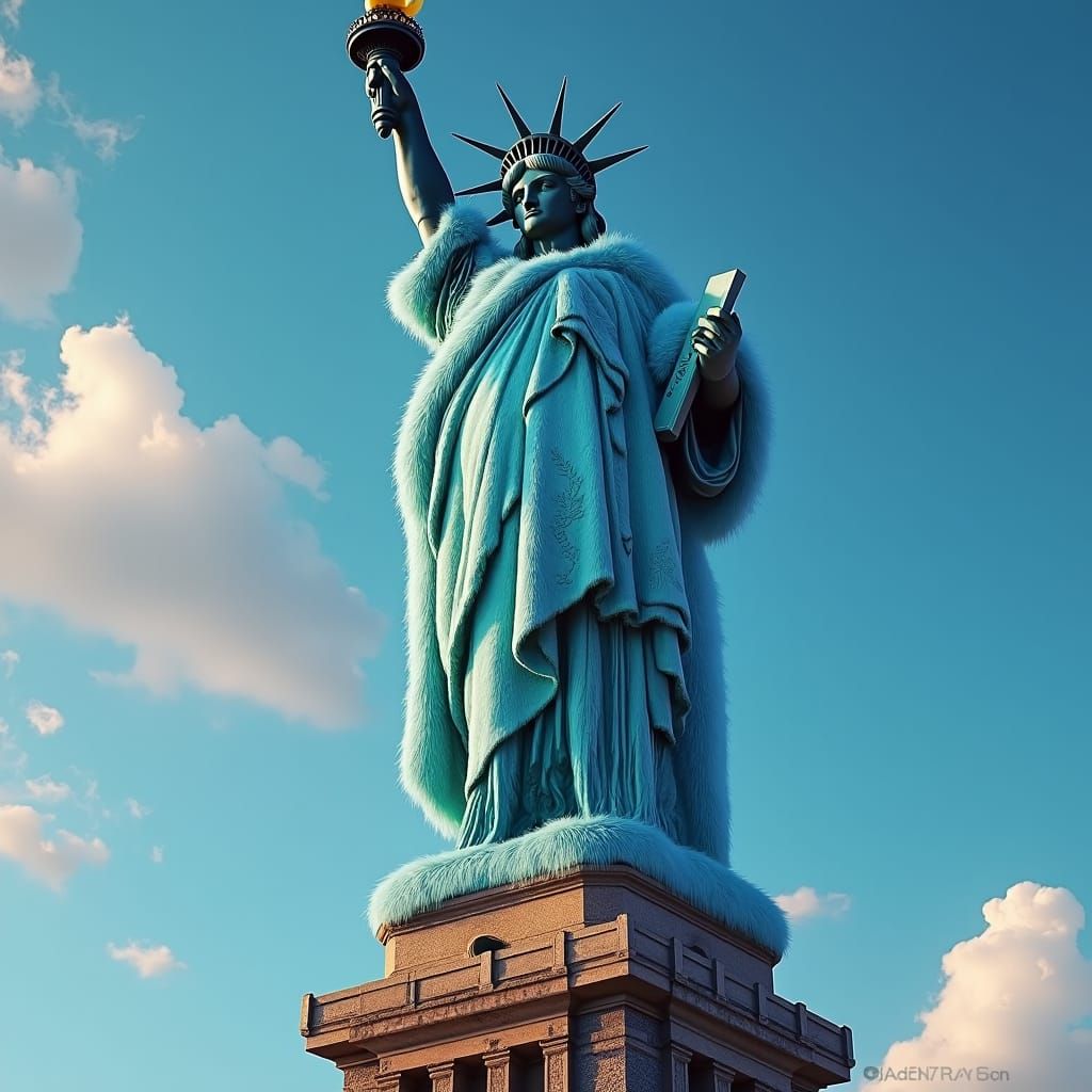 Statue of Liberty in Powder-Blue Fur Coat