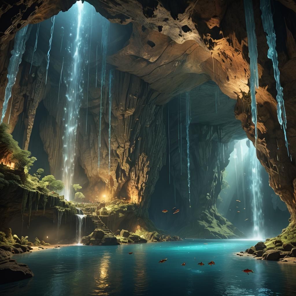 Surreal Inverted Cave with Bioluminescent Fish
