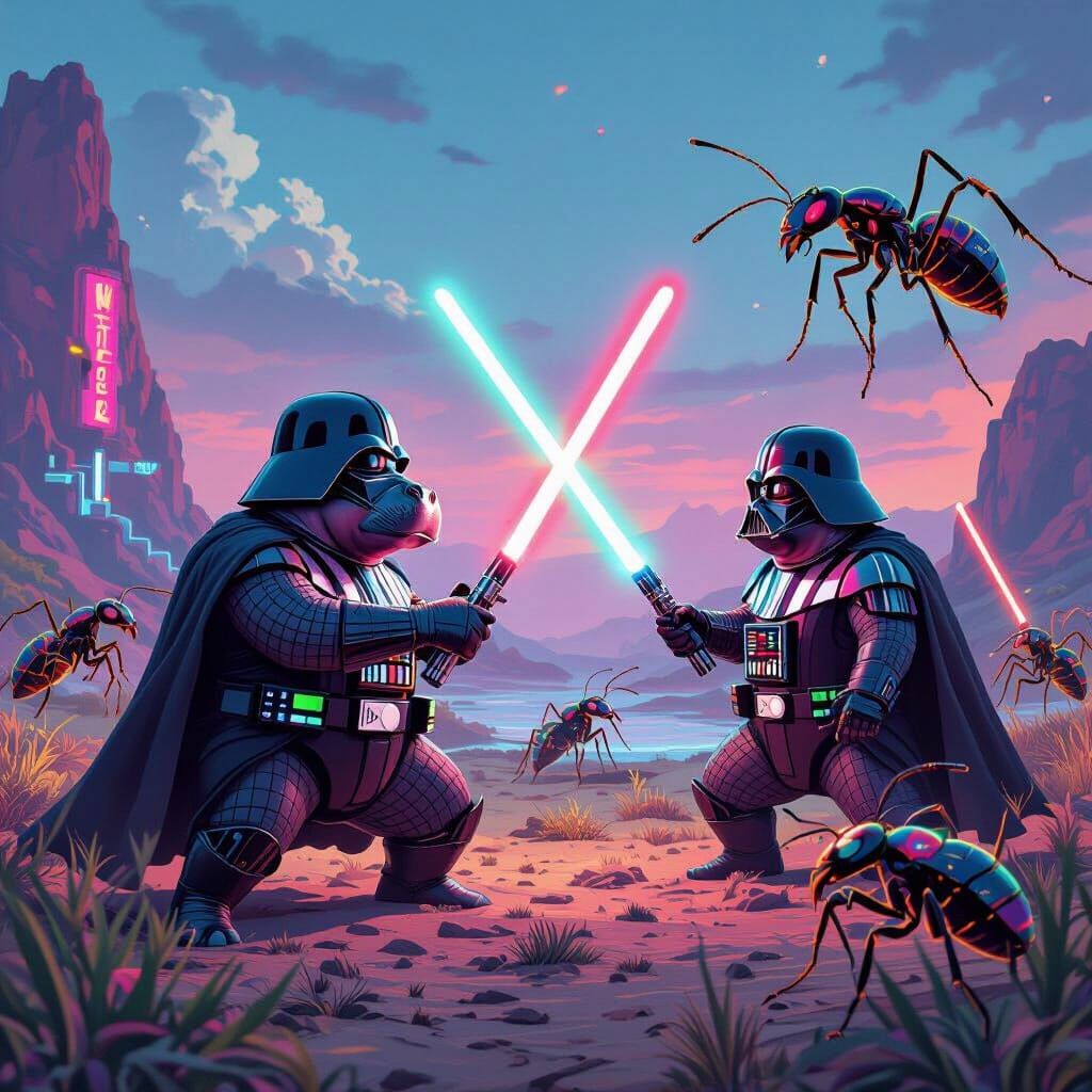 Epic Lightsaber Battle: Hippos vs Ants in Sci-Fi Style
