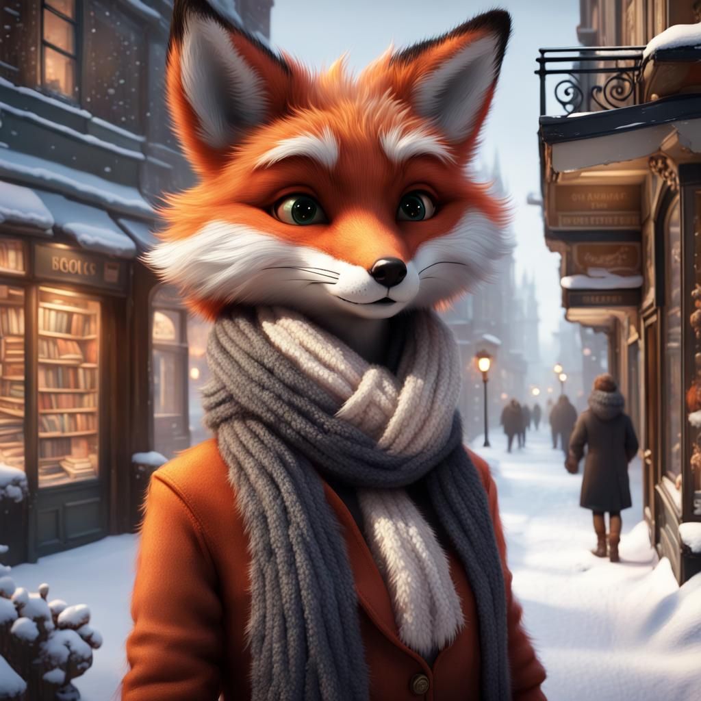 Fox Bookshop Scene in Detailed Furry Style