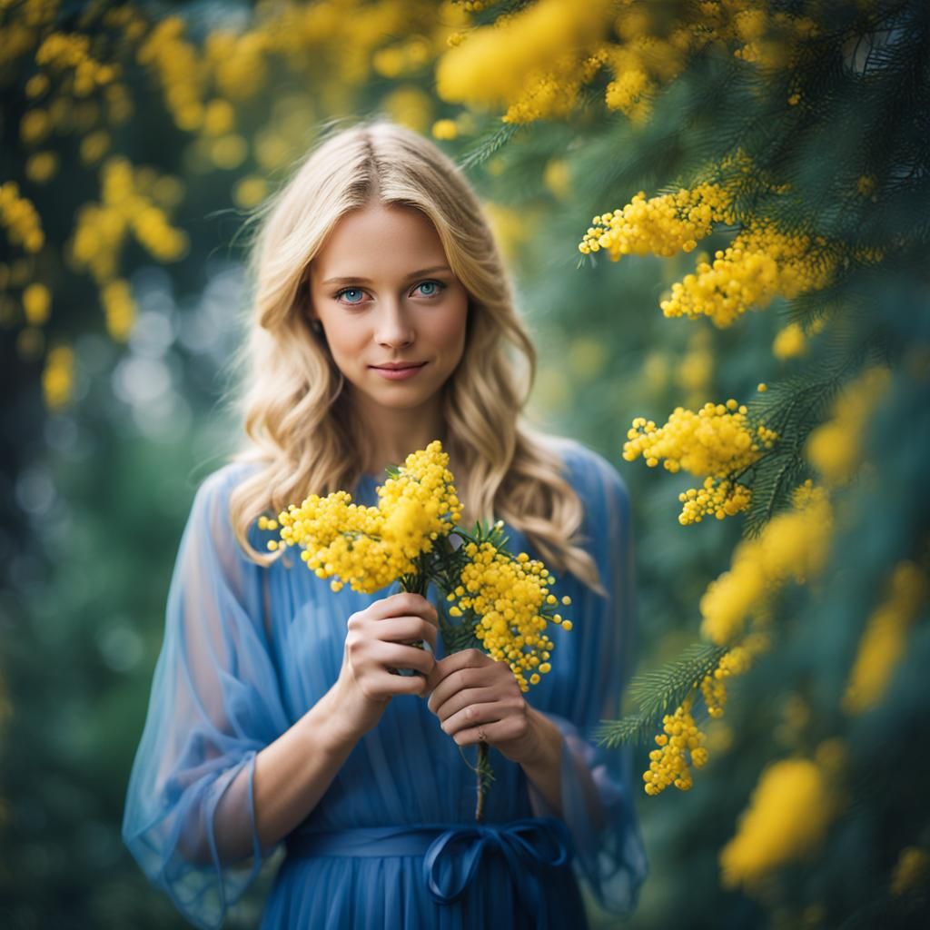 Blonde Woman Picking Mimosa Flowers, Professional Photograph...