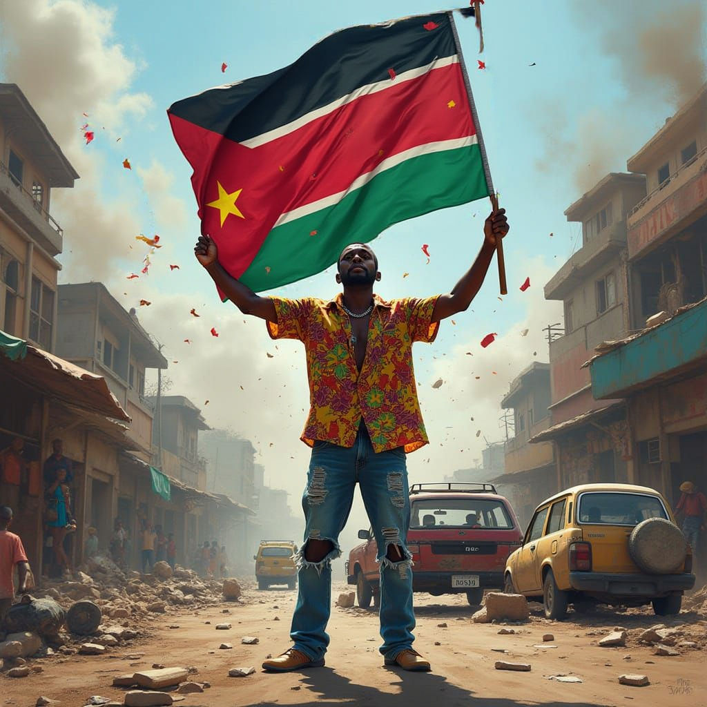 African City Riot Scene with South Sudanese Patriot