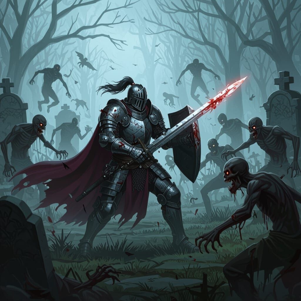 Knight Fighting Ghouls in Cemetery Loop