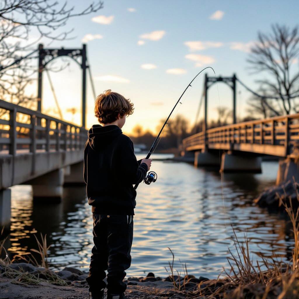 Young Boy Fishing Between Bridges in Golden Hour Light