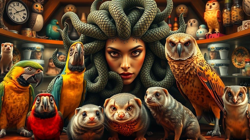 Mythical Medusa Surrounded by Exotic Pets in a Vibrant Pet S...