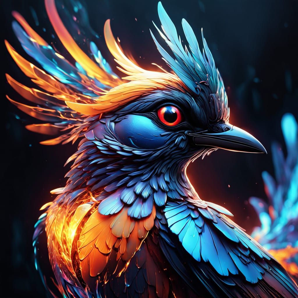 Surreal Bird Made of Fire and Glass in Cyberpunk Style