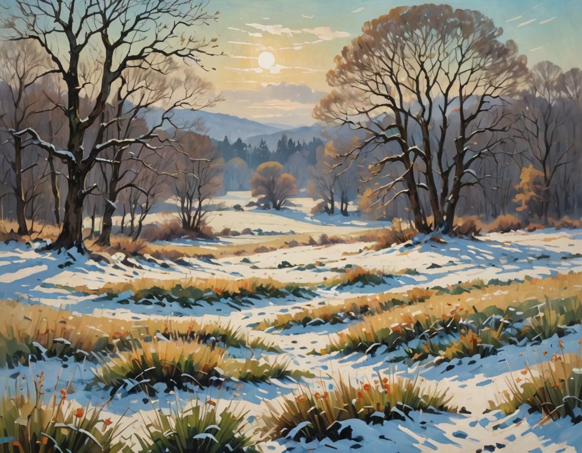 Impressionist Winter Meadow Landscape Painting