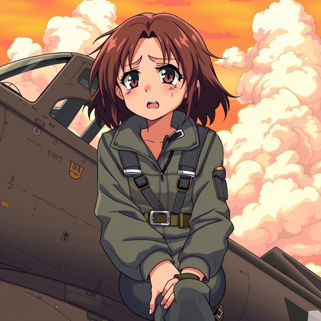 Waif-Like Anime Pilot Girl in WWII Fighter Sunset