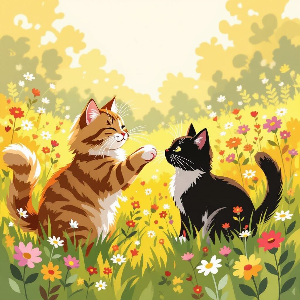 Brown Tabby Cat Plays With Black Cat in Meadow