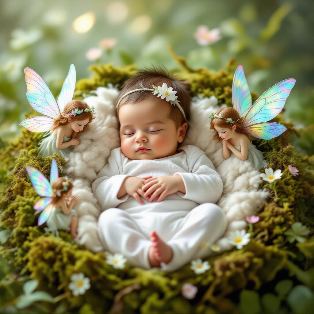 Newborn Baby in Moss Nest with Guardian Fairies