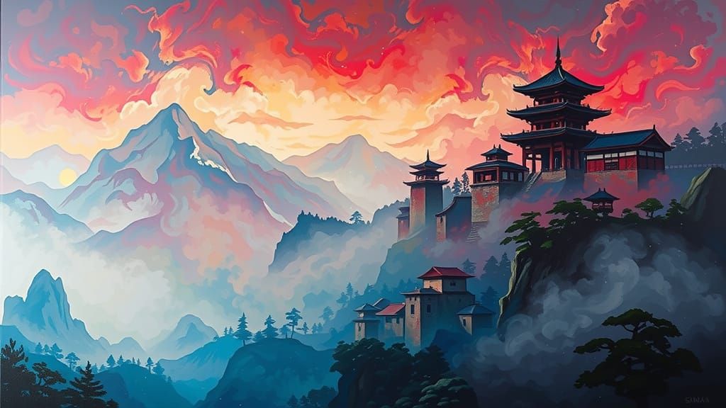Misty Mountain Temple in Eastern Asian Style