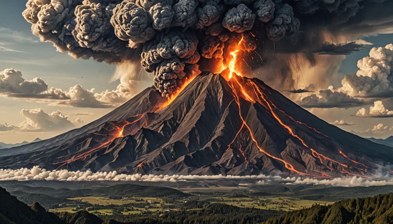 Volcano Landscape with Flying Monsters in Golden Ratio