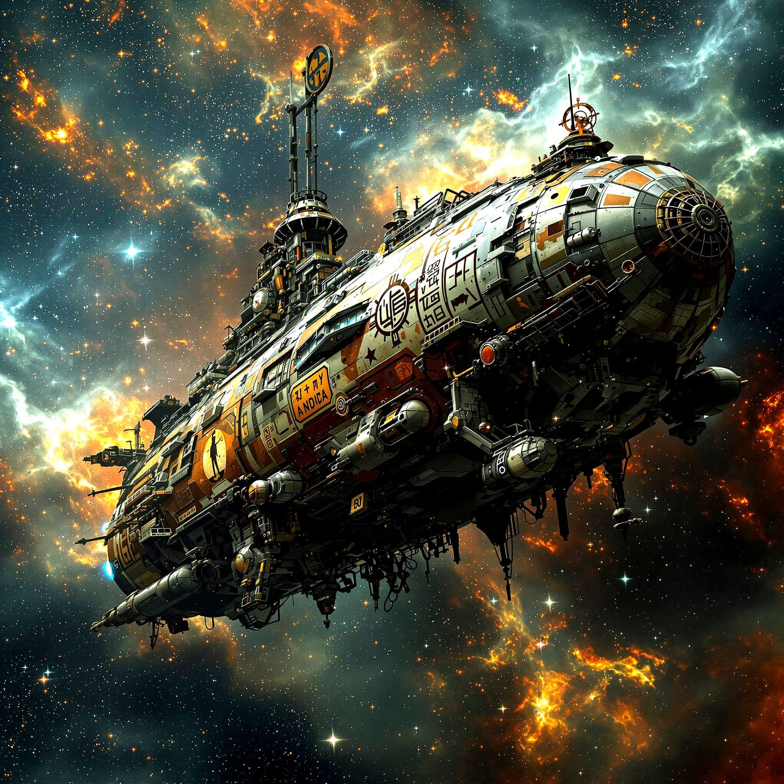 Colossal Biomechanical Airship in Cosmic Nebula