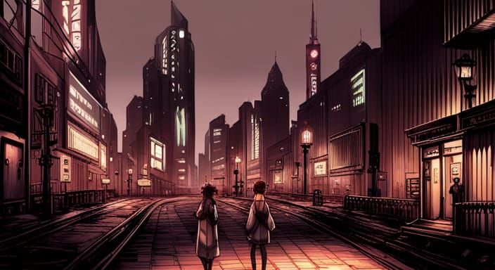 Gothic Cyberpunk Town in Anime Key Visual Style