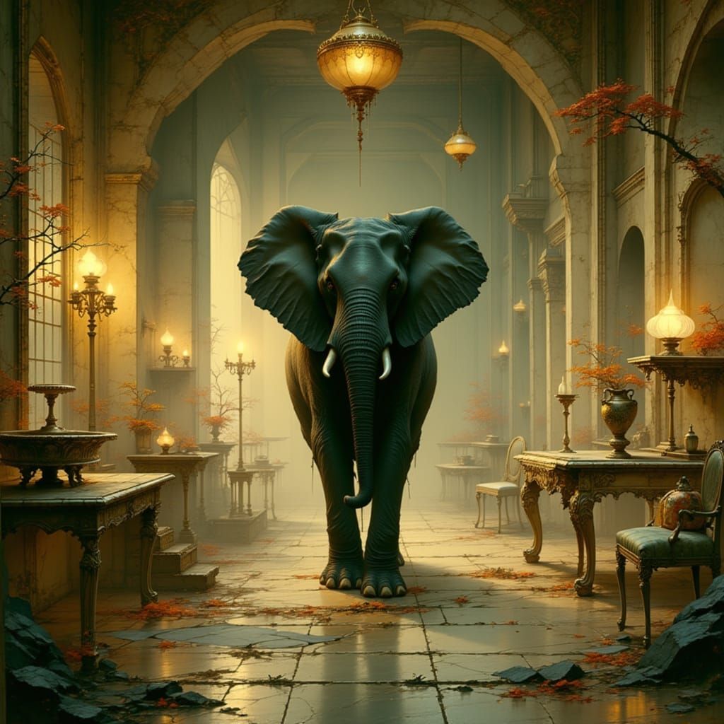 Melancholy Elephant in Elegant Ivory Room