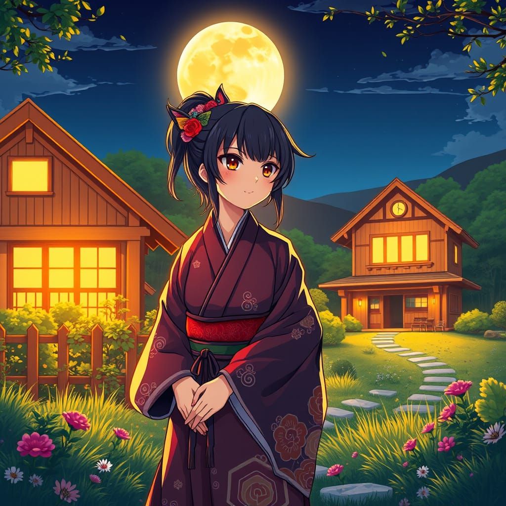 Anime Woman Enjoys Countryside Night