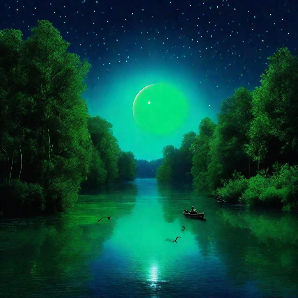 Green Night Lake Scene with Glowing Insects