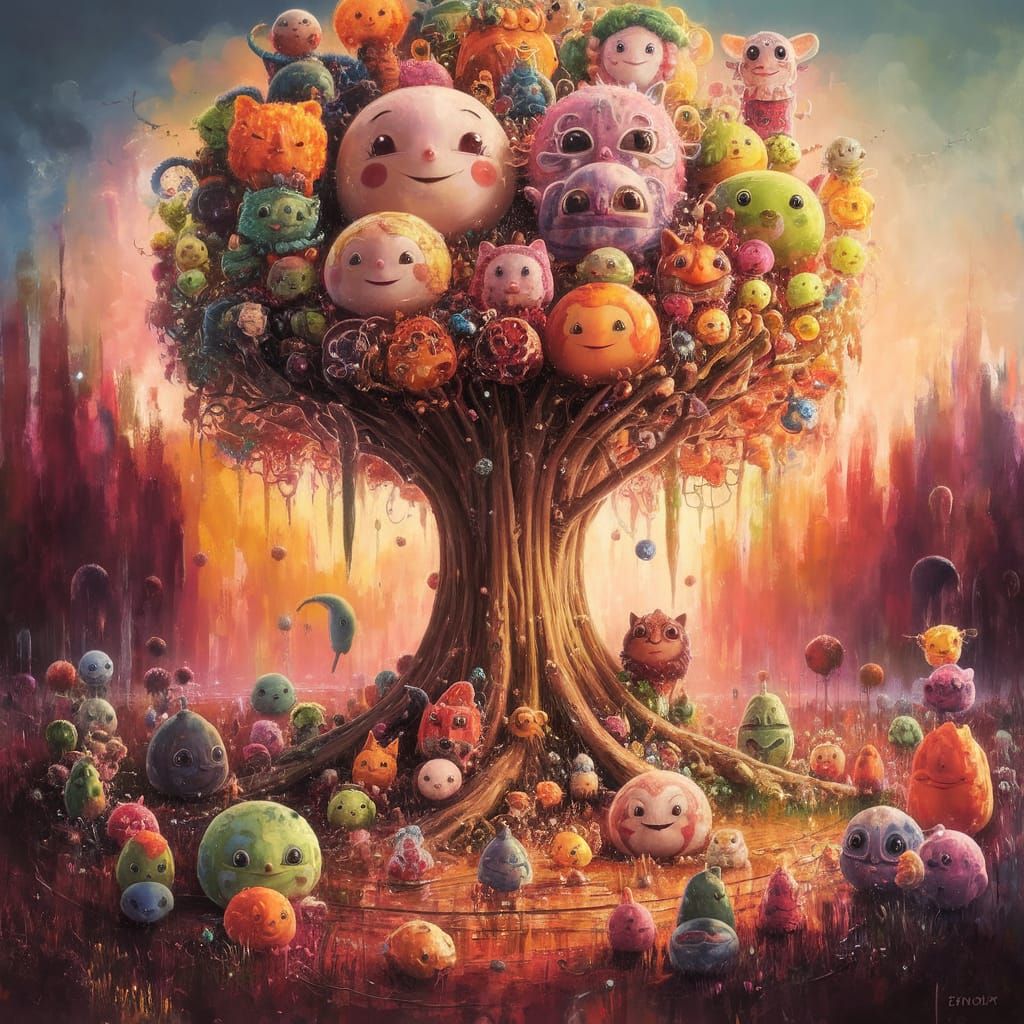 Whimsical Toys Enchanted on a Magical Tree in Vibrant Surrea...