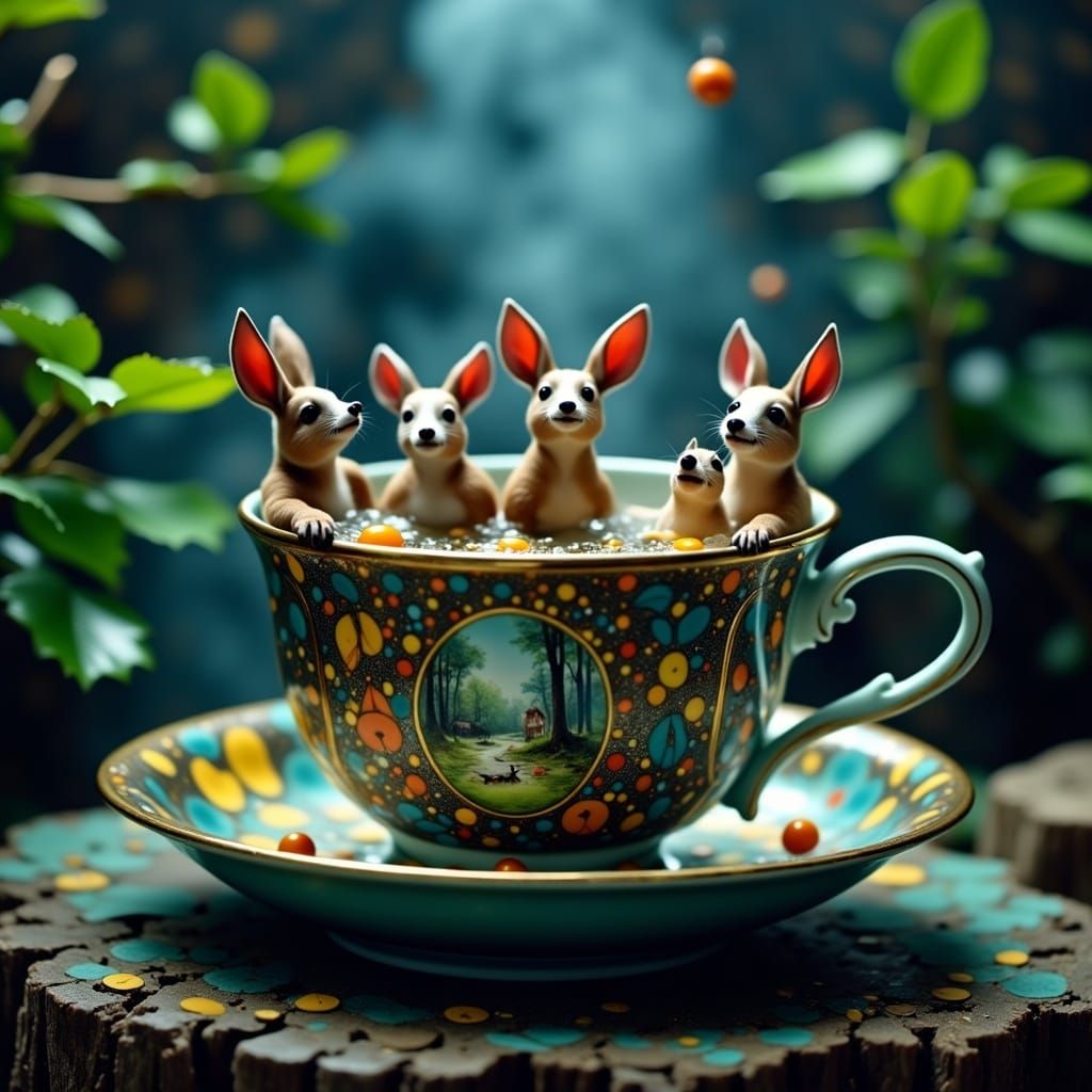 Forest Animals Relaxing in Teacup Hot Tub