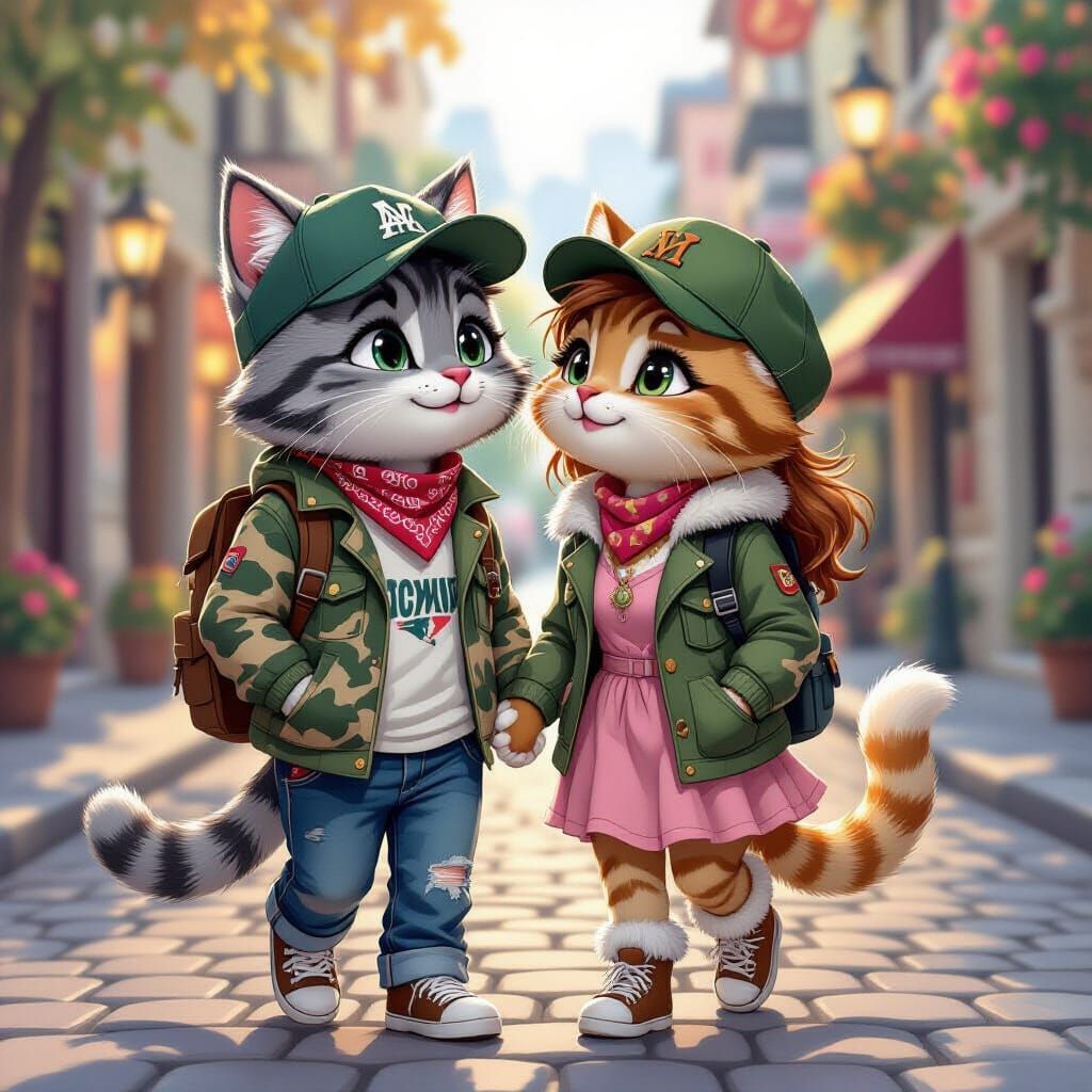 Anthropomorphic Cats Kissing in Cartoon Style