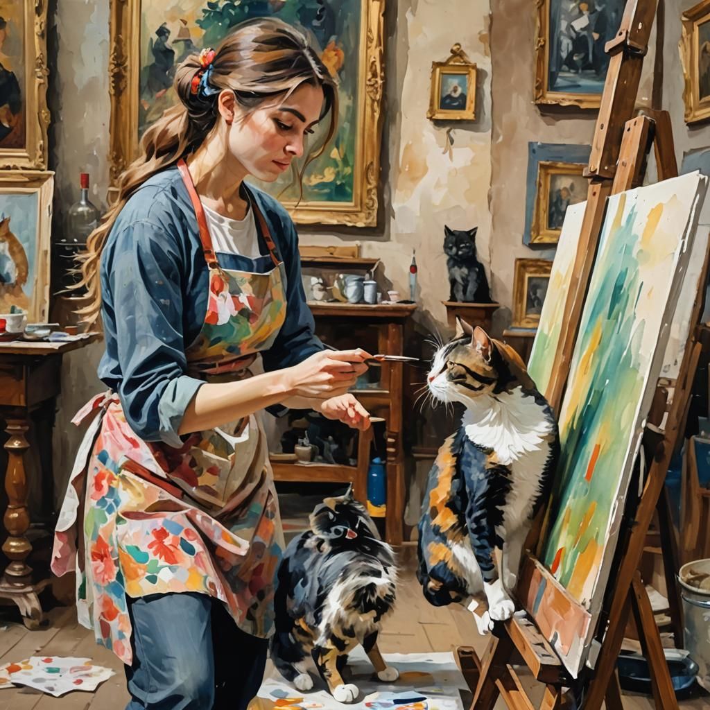 Painter with Cat Painting in Gouache Style