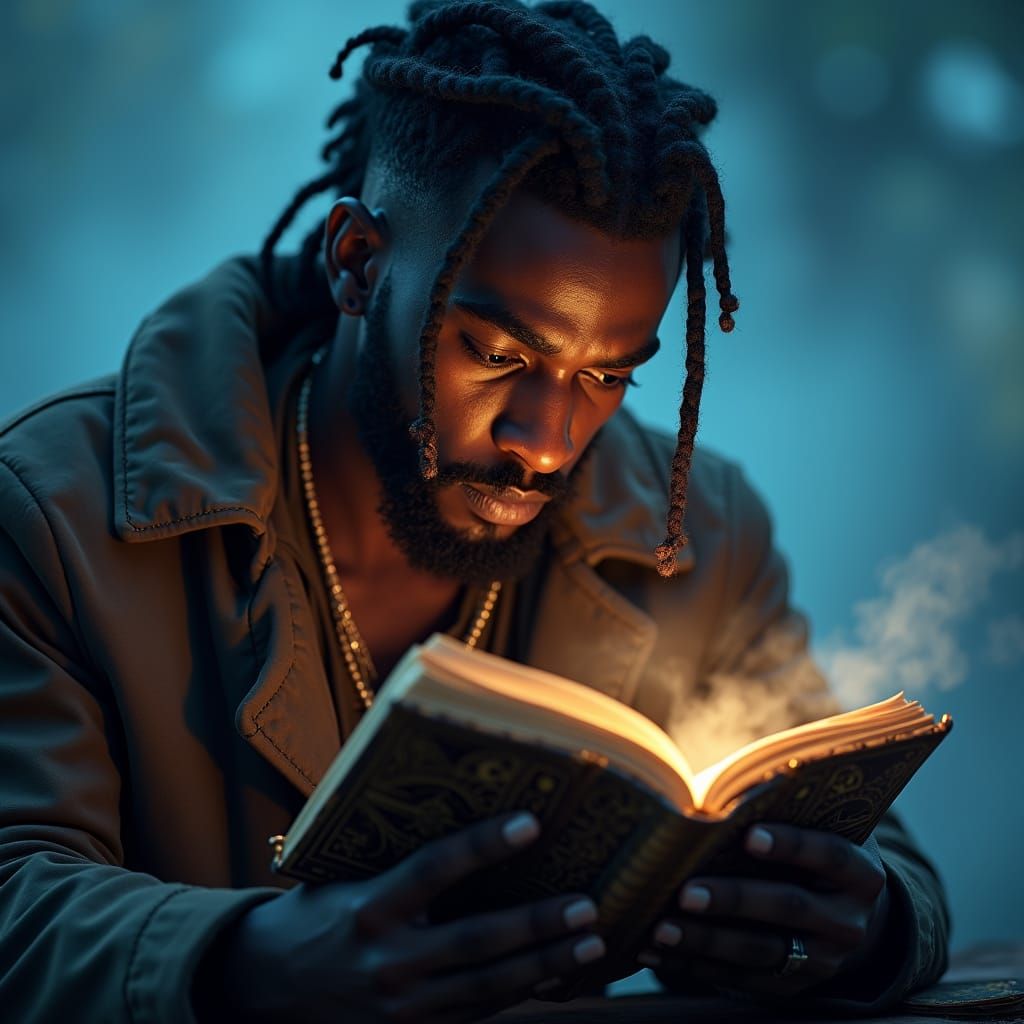 Man Reading Antique Book in Dreamlike Style