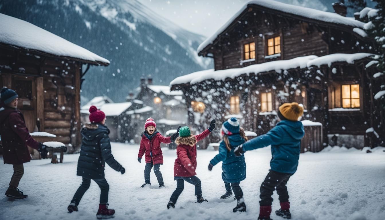 Children Throwing Snowballs in Snowy Village